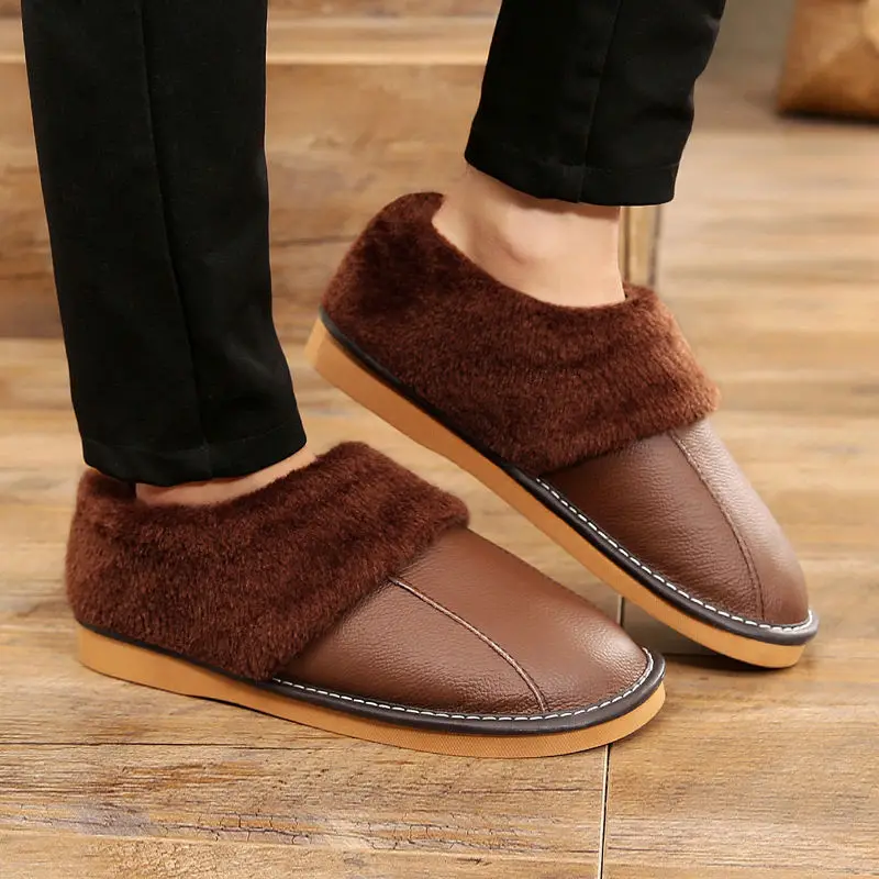 Genuine Leather Winter Slippers for Couples Non Slip Warm Indoor Cotton Footwear with Heel Protection Cozy Home Slipper for Men