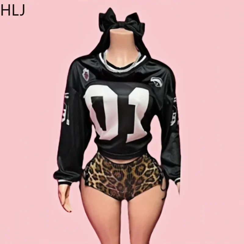 HLJ&GG Fashion Letter Print American Vintage Tshirts 2-częściowe zestawy damskie V Neck Long Sleeve Top i Leopard Sequin Shorts Outfits