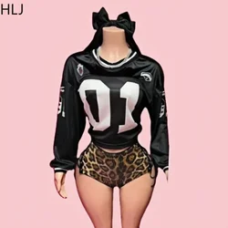 HLJ&GG Fashion Letter Print American Vintage Tshirts 2 Piece Sets Women V Neck Long Sleeve Top And Leopard Sequin Shorts Outfits