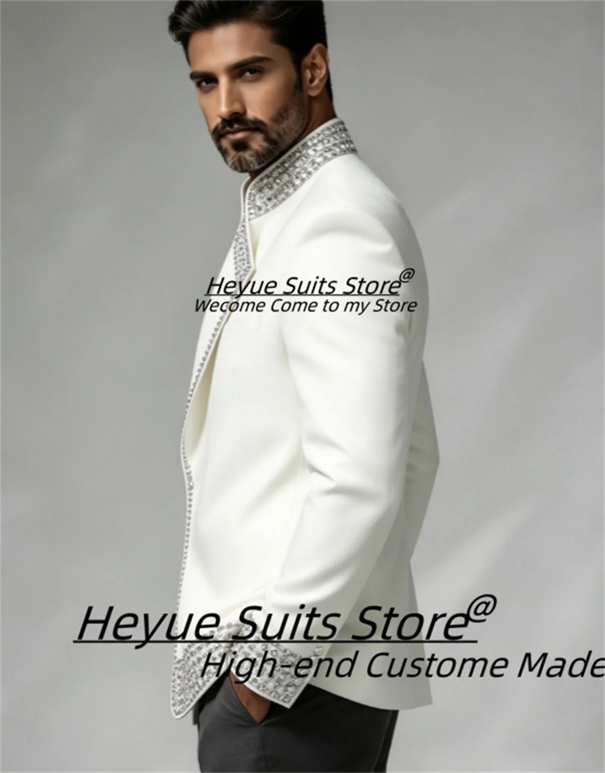 Luxury White Stand Collar Men Suits Shiny Silver Rhinestone Embellished Groom Wedding Tuxedos 2 Pieces Sets Male Party Blazers
