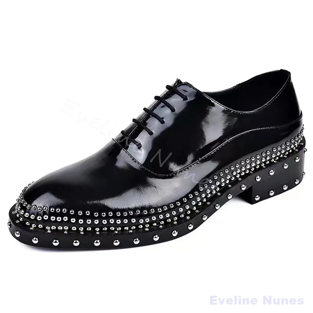 Men Patent Leather Oxford Shoes Silver Rivet Thick Heel Top-grain Cowhide Lace Up Dress Shoes Punk Street Fashion Business Shoes