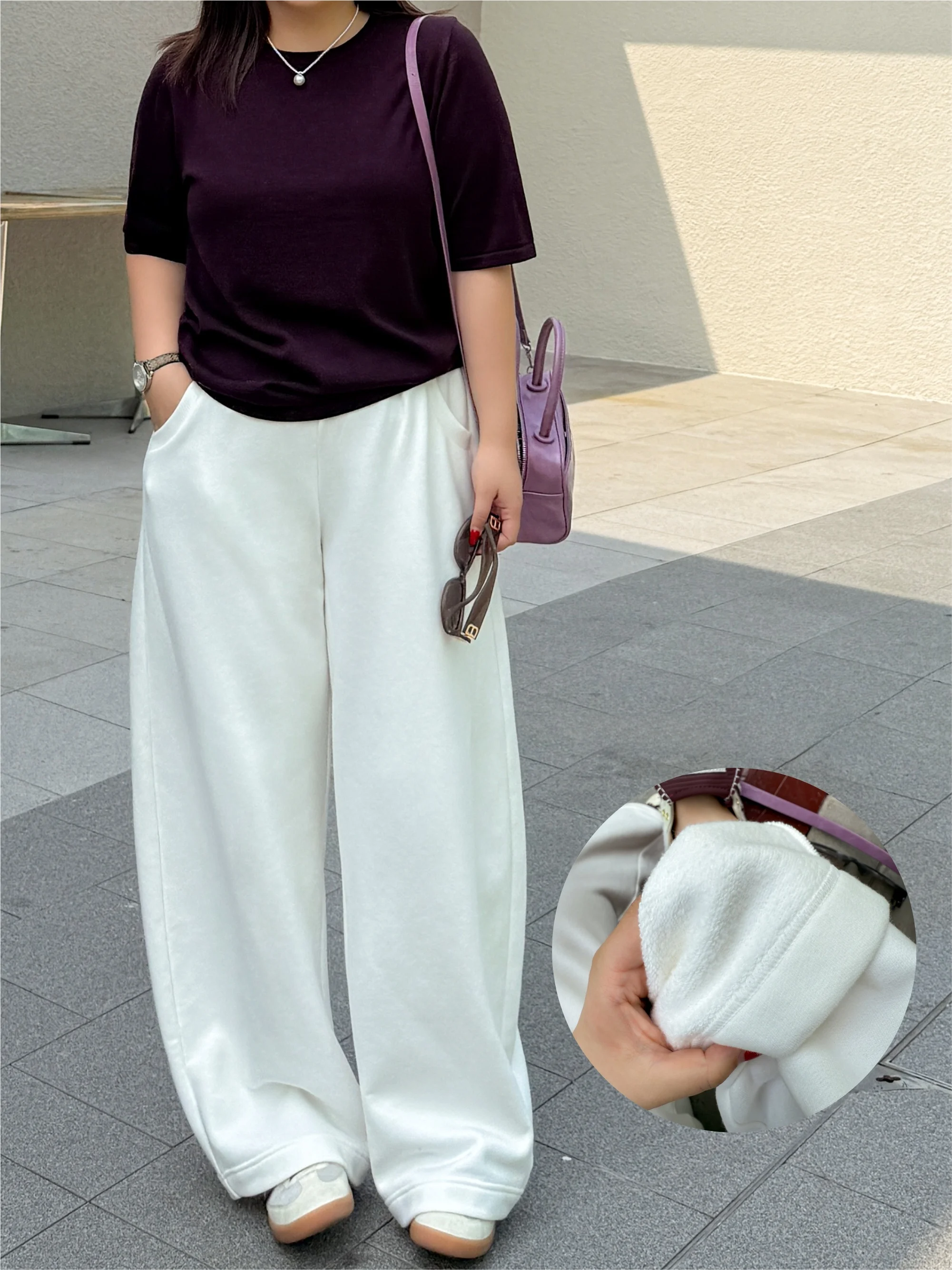 

Женские повседневные спортивные штаны больших размеров на подкладке, широкие брюки с эластичной резинкой на талии, осень-зима, большие размеры, смесь модного хлопка