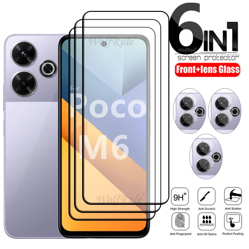 

6-in-1 For Poco M6 Glass Xiaomi Poco M6 Tempered Glass Protective 9H Full Cover Glue For Screen Protector Poco M6 M 6 Lens Glass
