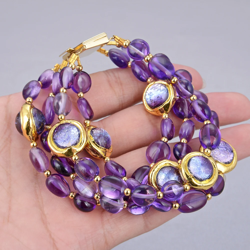 GuaiGuai Jewelry 4Rows Natural Purple Amethysts Rough With Electroplated Edge Purple Murano Glass Bracelet 8