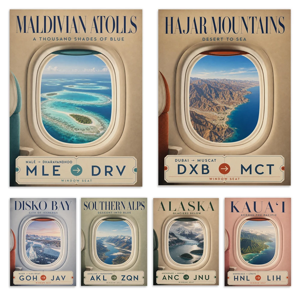 Brazil, Kauai, Alaska, South America, Mount Fuji, Maldives, Himalayas, Hajar Mountains, vintage airplane window travel poster