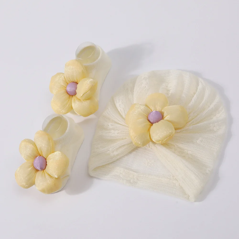 

2Pcs/Set Cute Flower Baby Hat Socks Newborn Indian Cap Headwrap Solid Color Lace Floral Infant Princess Baby Girls Turban Hats