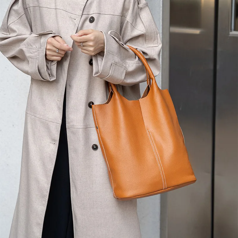 

Large Women Cow Leather Handbag Lady Stylish Genuine Leather Shoulder Bags Hot Sale Female Simple Versatile Bucket Bag
