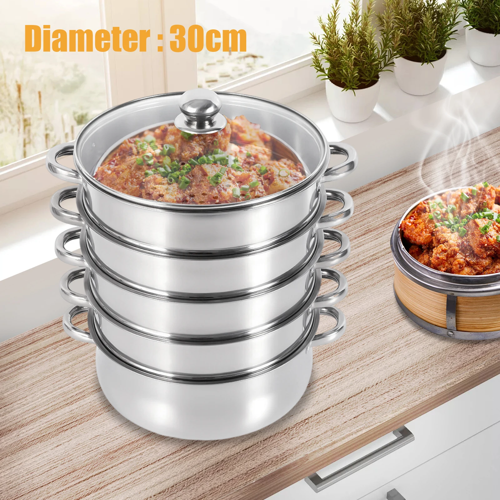 

5 Layers 30cm Large Home With Handles Kitchen Insulated Visual Cover Stainless Steel 5 Tier Steamer Pot Food Maker Cookware