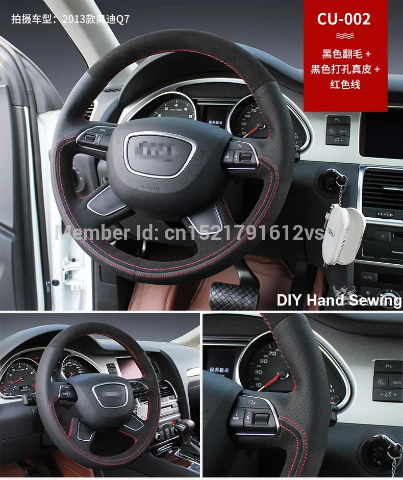 For Audi Q7 2013 High Quality Hand-stitched Anti-Slip Black Leather Suede Red Thread DIY Steering Wheel Cover