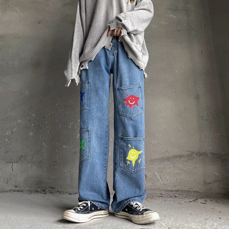 

2022 New Arrivals Graffiti Smiley Print Straight Men Hip Hop Jeans Trousers Multiple Pockets Washed Vintage Baggy Denim Pants