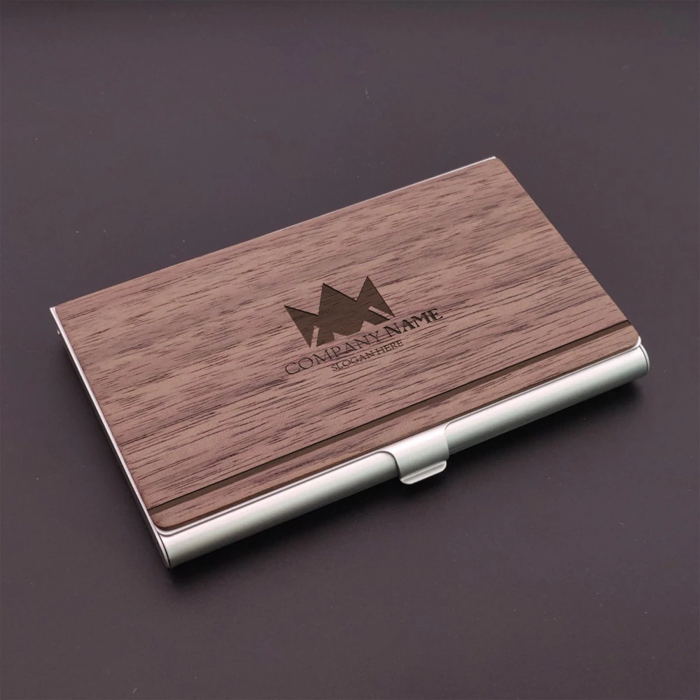 1PC Lovely Custom name and slogan Dark walnut color Business Card holder Wooden Handicraft Wooden Ornament  For Friend Gifts