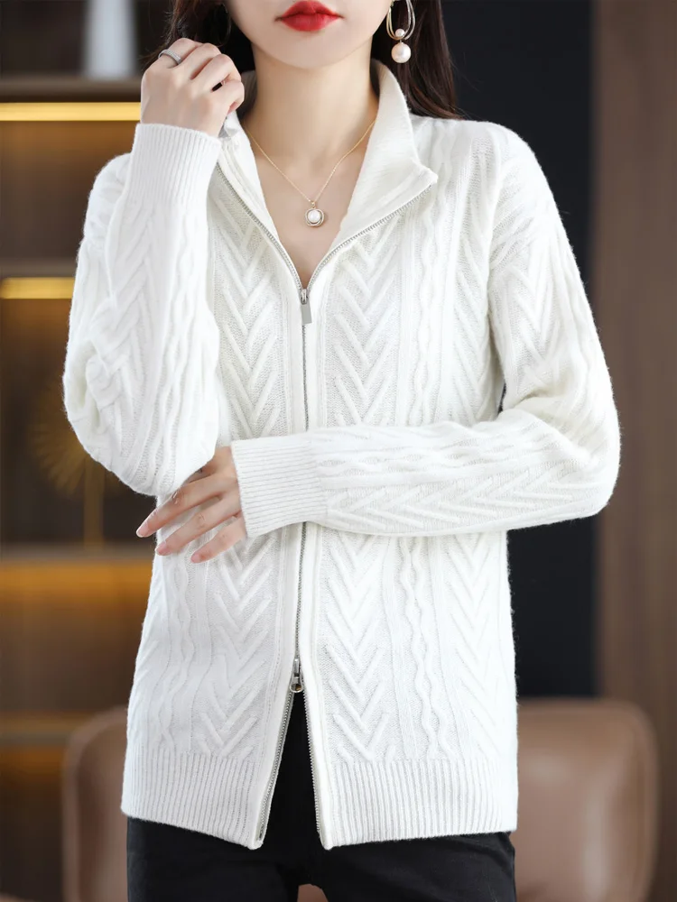 2024 High Quality Women Cardigan Spring Autumn  Warm Long Sleeve 100% Merino Wool Fashion Zipper Knit Sweater Women Coat