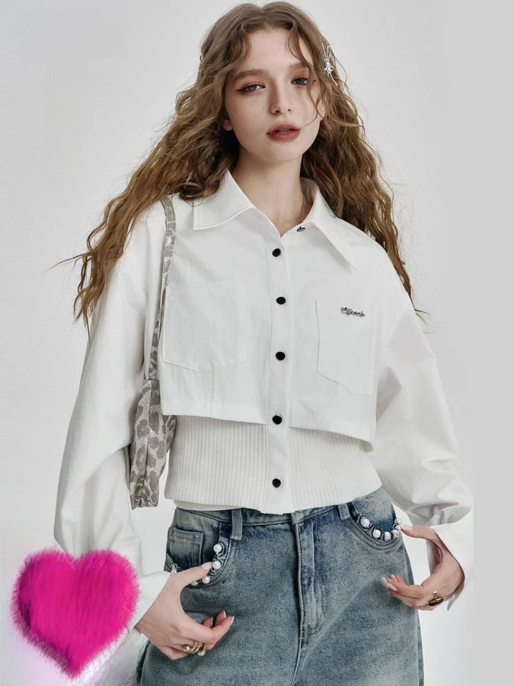 

Ele Trap Fake Two-Piece White irt Women's Slimming Versatile Top by Elf Sa Spring Casual Sle Polyester Pure Color