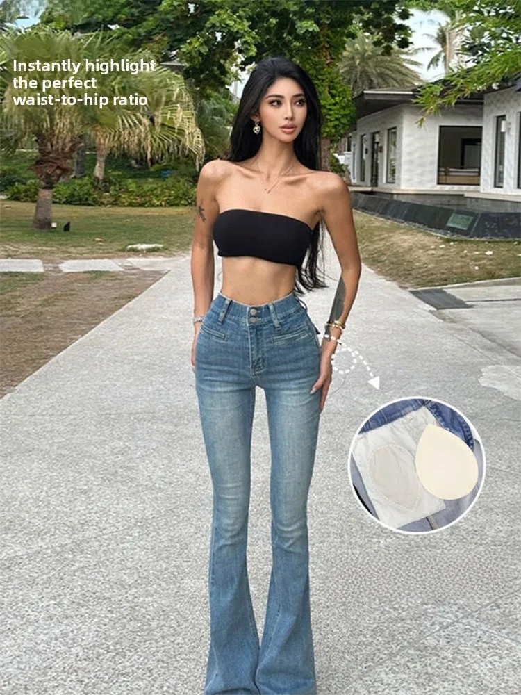 

Waed Denim Pants with Elastic Waist Design And Waterdrop aped Hip Pads Slimming And Flared Jeans High Waist Cotton Stretc...