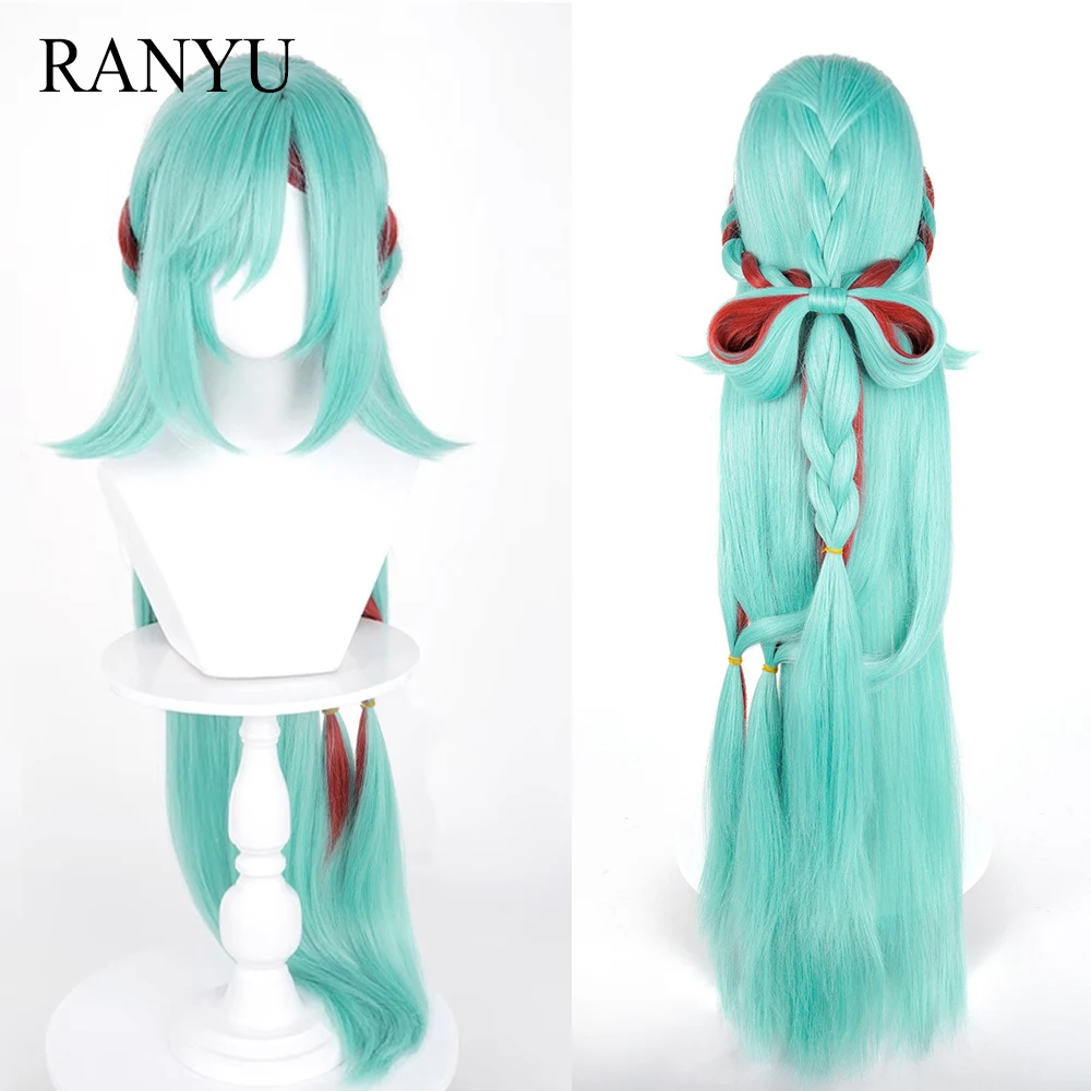 

Cyan Red Highlights Synthetic Long Straight Wigs with Bangs Fluffy Anime Game Cosplay Wig Heat Resistant for Daily Party