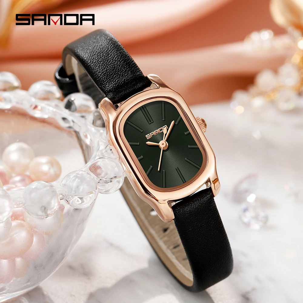 SANDA Genuine Watch New Womens Quartz Watch Casual Fashion Rose Gold Case Womens Watches Maroon Leather Strap Waterproof P1104