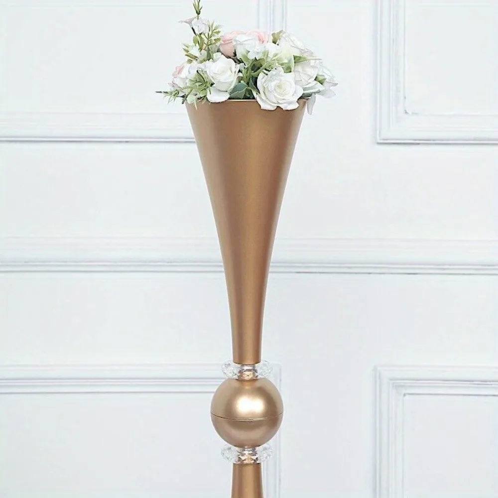 2 Metallic 27 Gold Plastic Reversible Trumpet Flower VASES Crystals Party Event