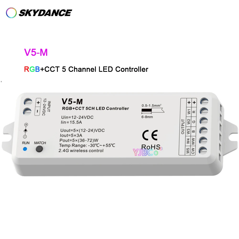 Skydance V5-M RGB+CCT 5CH LED strip Controller 5CH*3A 12-24V DC power socket input Auto-transmitting RF 2.4G remote control