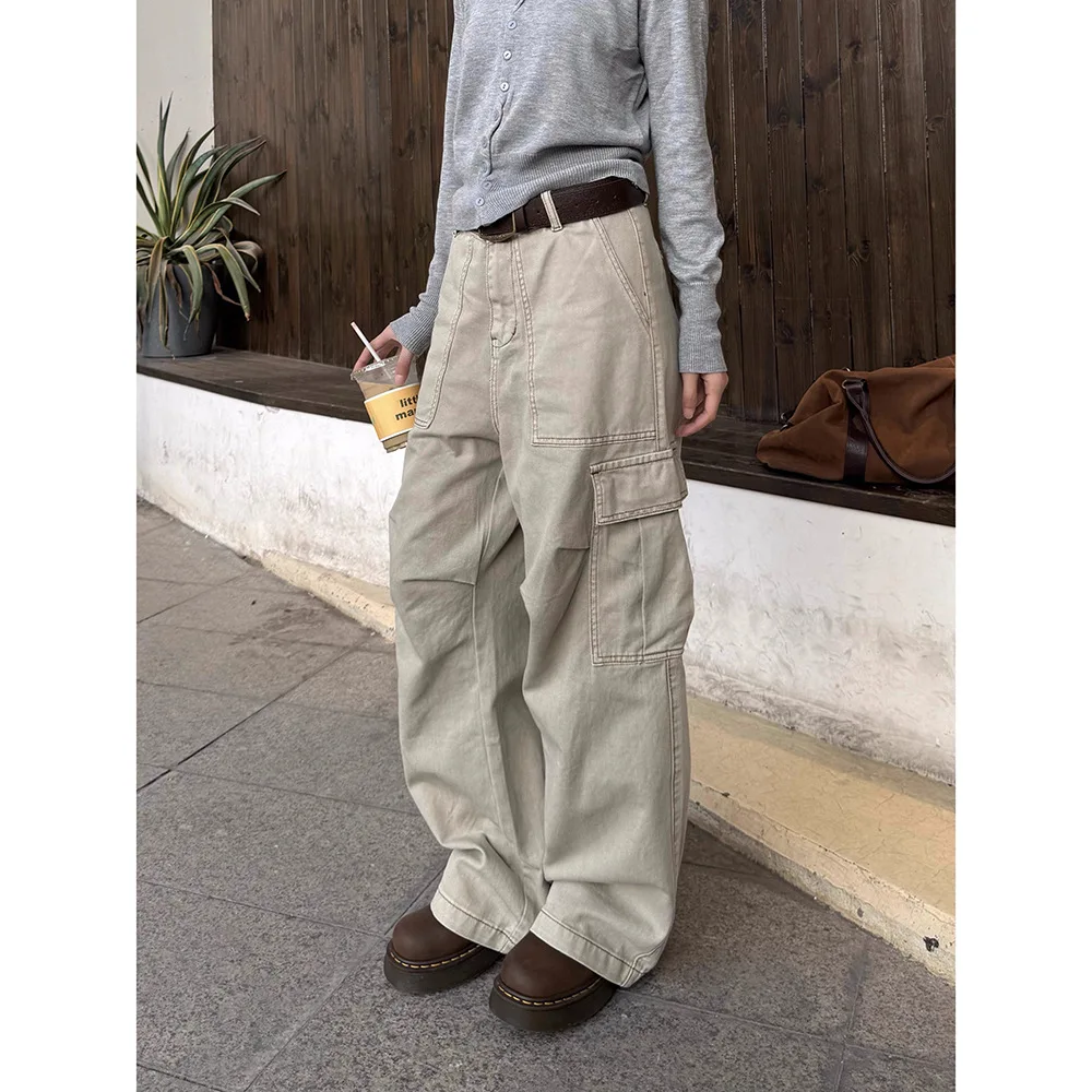 

American Retro Loose Straight-Leg Cargo Pants With Large Pockets For Women, High-End Clean-Fit Wide-Leg Long Pants, Trendy