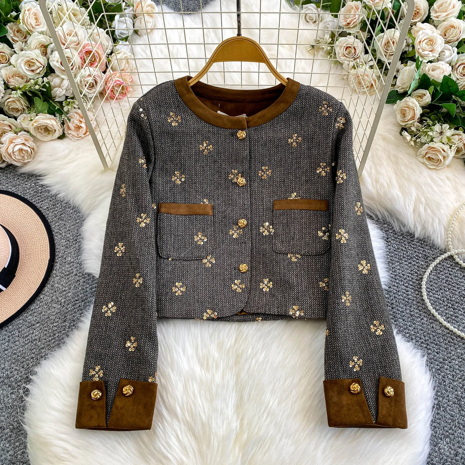 Ele ort jas en rokset met pailletten zwaar borduurwerk hertenhuid fluweel geplooid diamant ingebed herfstfaion voor dames...