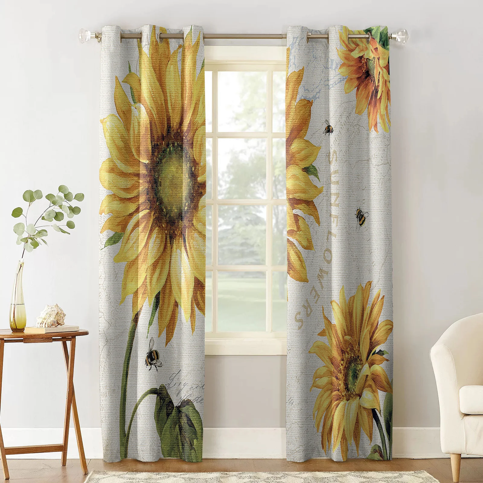 Vintage Sunflower Bee Print Curtains For Kitchen Bedroom Window Treatment Curtains for Living Room Home Decor Drapes