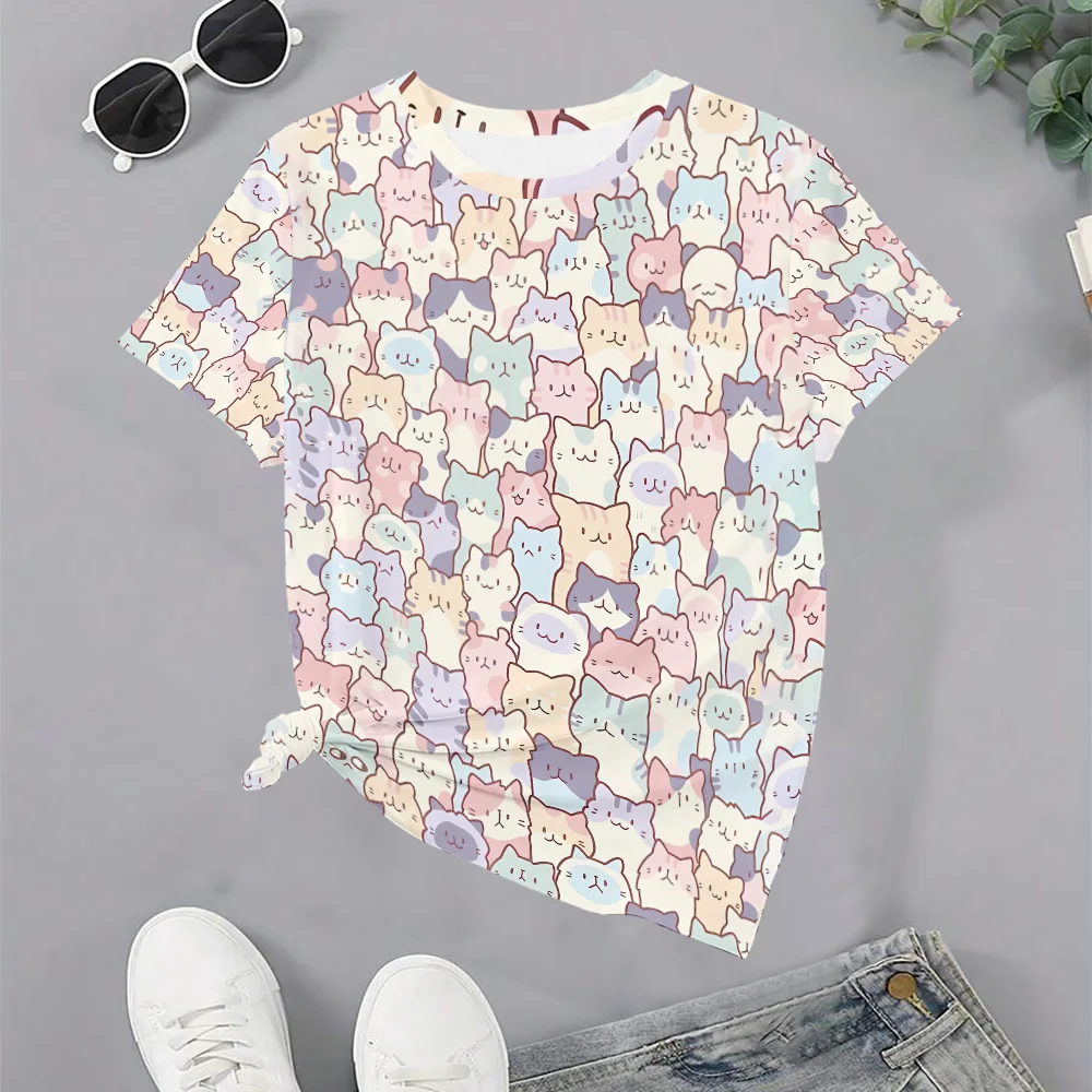 Grote maten kleurrijk en schattig dames T-shirt met cartoonkat bedrukt - casual en kawaii-stijl zomer ronde hals korte mouw