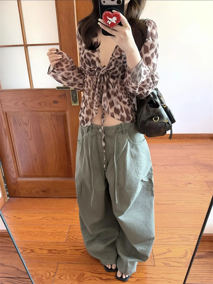 

Sexy Leopard Print Pleated Thin Women's Shirt Summer Elegantly Long Sleeve Tie Waist Top for Young Women Daily Wear Short Length
