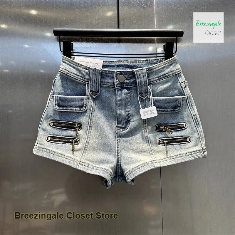 

Korean style temperament spice girl retro jeans female summer new fashion design high waist slim zipper casual shorts for women