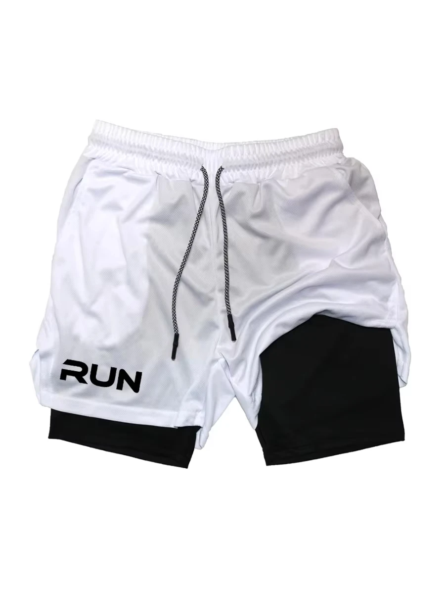 2026RUN Printed Men's 2-in-1 Running Shorts Gym Exercise Fast Drying Compression Sports Shorts