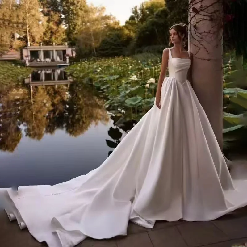 

Customized Elegant Satin Wedding Dresses Square Neck A-Line Beach Bridal Gown Straps Ruff Corset Simple Customized Bride Dress
