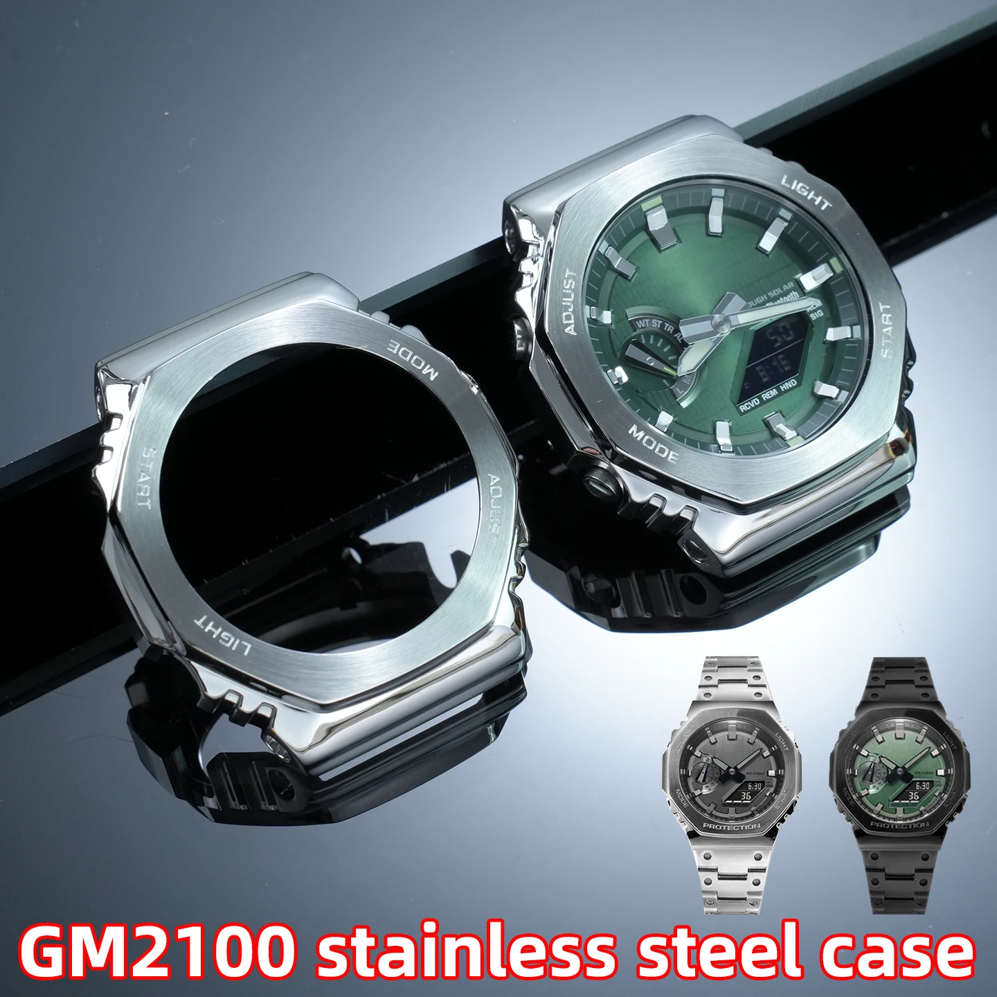 Full Steel Upgrade Kit for Casio GM-2100/GMB-2100 5611, Metal Octagon Bezel & Wristband, Replacement Watch Case Cover
