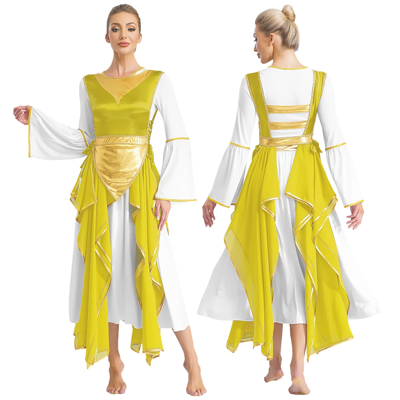 

Women Liturgical Praise Dance Dress Set Long Sleeve Gold Trim With Metallic Patchwork Sides Split Lace-up Irregular Tunic