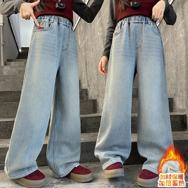 الخريف الشتاء في سن المراهقة الفتيات أفخم الجينز الصغار جيب المطرزة الدنيم بنطال ذو قصة أرجل واسعة 4 6 8 10-14 الطفل السراويل المخملية سميكة #3