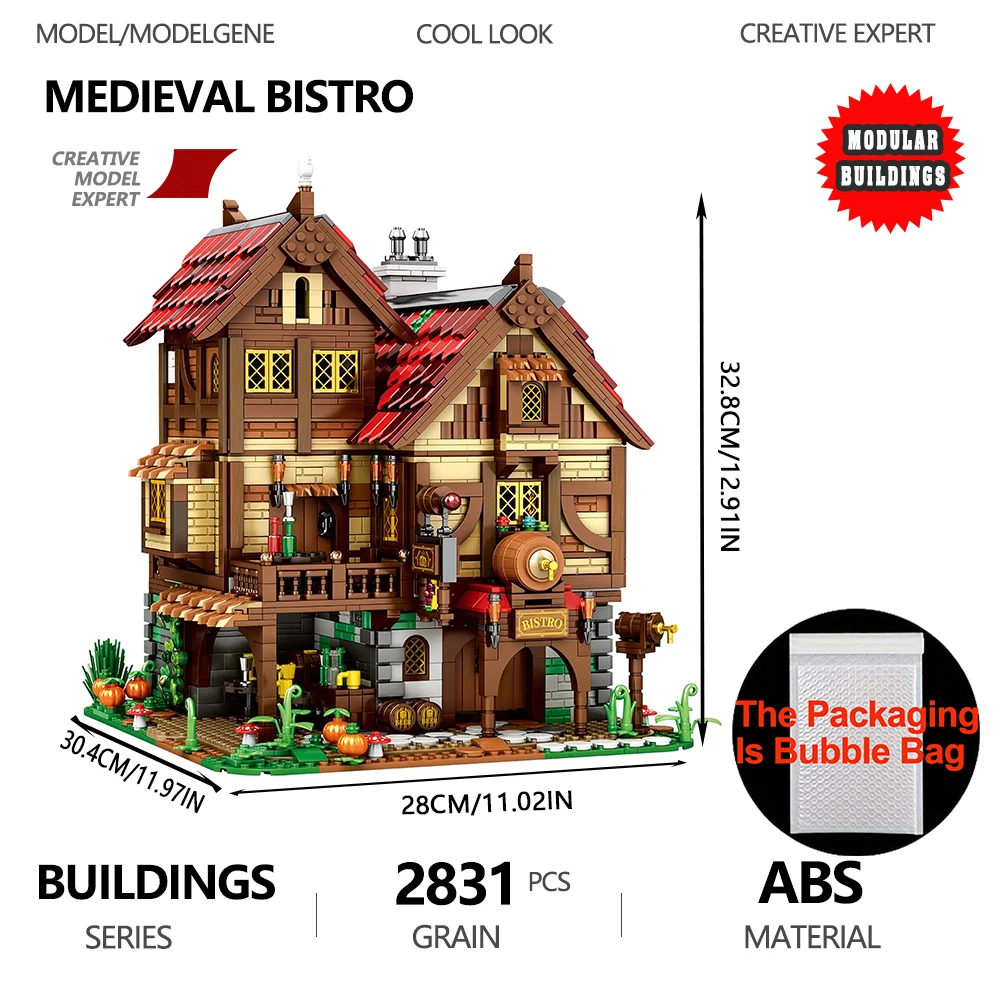 Modello di bistrot medievale con vista stradale europea Taverna Set di blocchi di costruzione Architettura Ornamento da scrivania Regalo di Natale per bambini