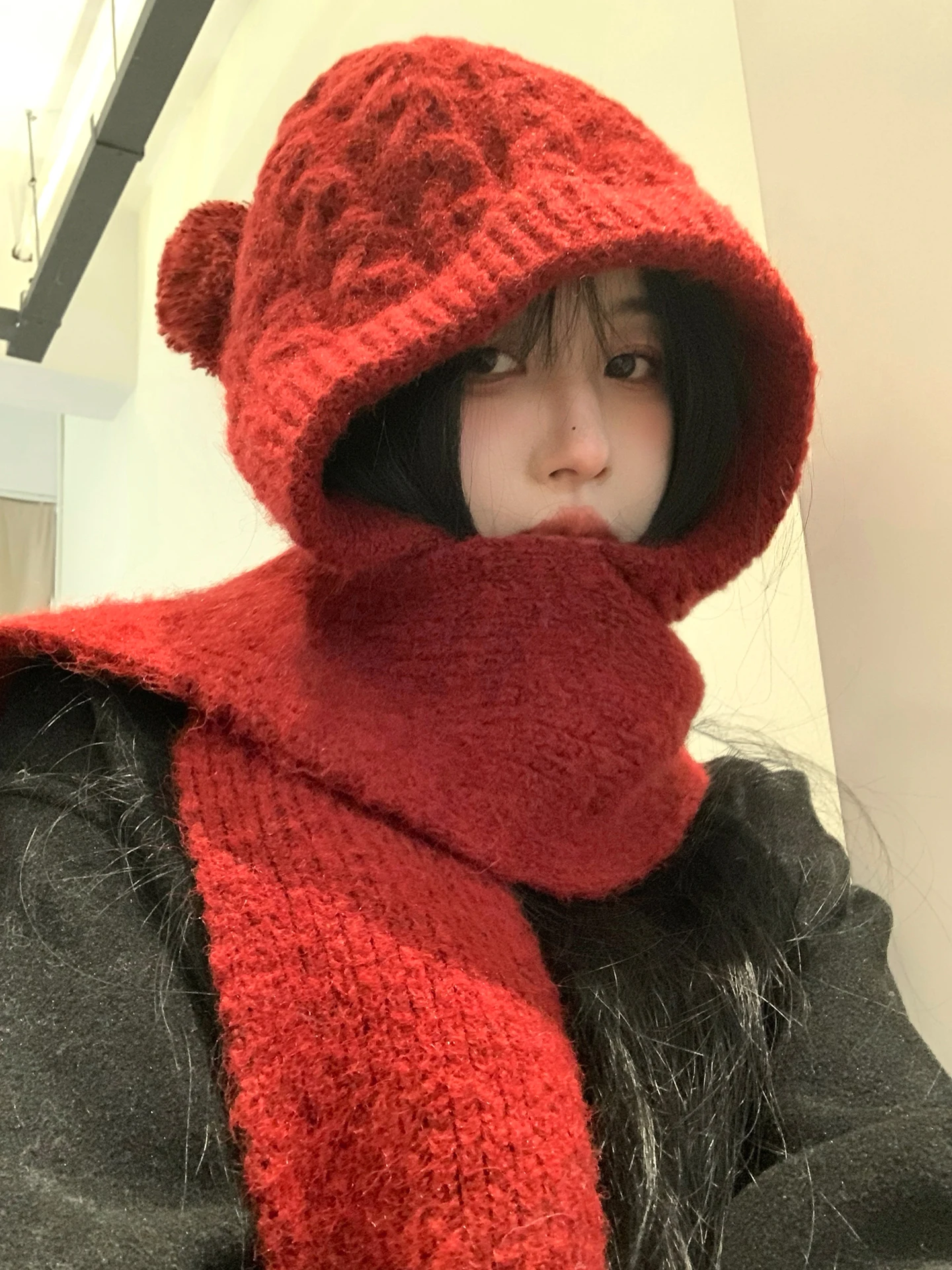 Red New Year Knitted Hat Women's Style Winter Korean Warm Woolen Scarf Integrated Ear Protection Neck Warmer Casual Ball Top