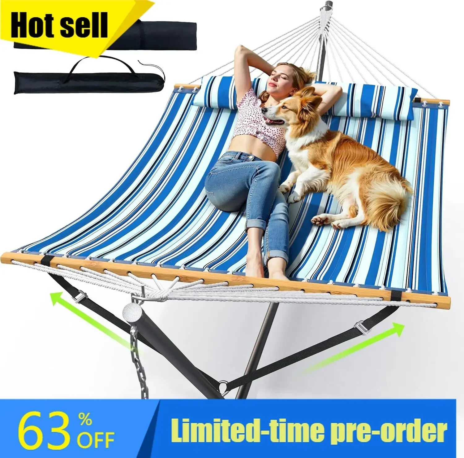 Hot sale!Double Hammock with Stand, Heavy Duty Outdoor Hammock for Two, 500 LBS Capacity, Stable Steel Frame with Balance Strap,