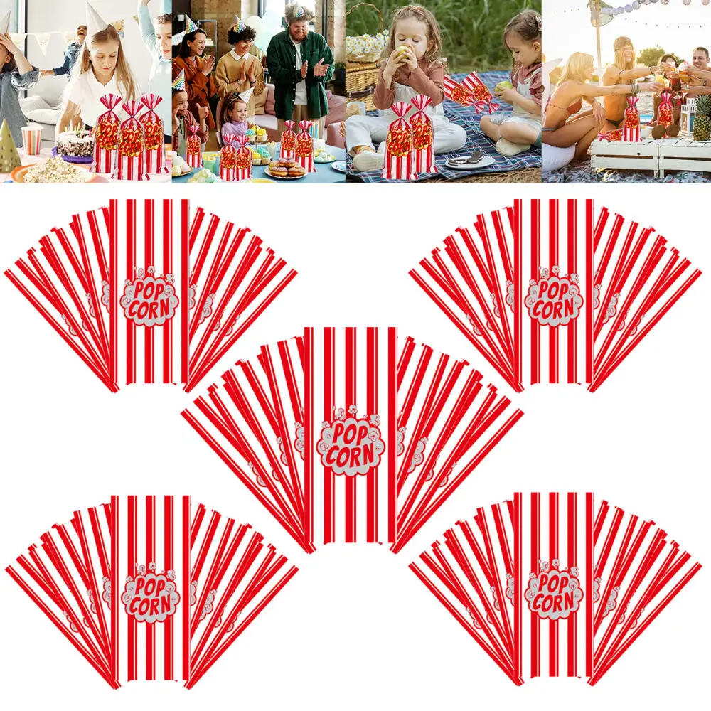 50pcs Popcorn Bags with Ties Red White Stripe Cellophane Treat Bag Cookie Snack Goodie Pouch for Carnival Party Movie Night Date