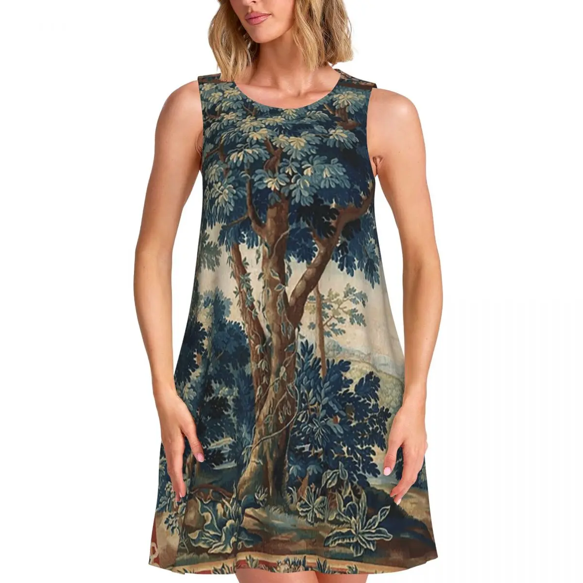 GREENERY, TREES IN WOODLAND LANDSCAPE Vestido holgado sin mangas con cuello redondo para mujer, estilo flamenco antiguo, de verano