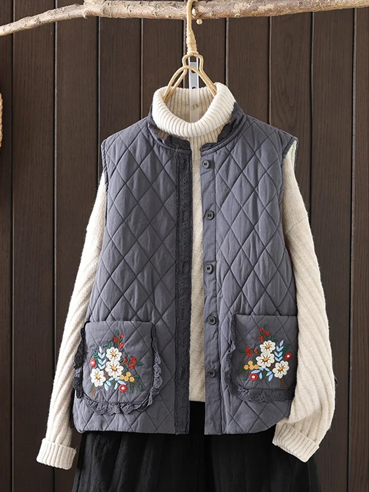 Chic Vintage Flower Embroidered Women Waistcoat 2024 New Autumn Winter Casual Loose Sleeveless Jackets Thick Warm Quilted Vest