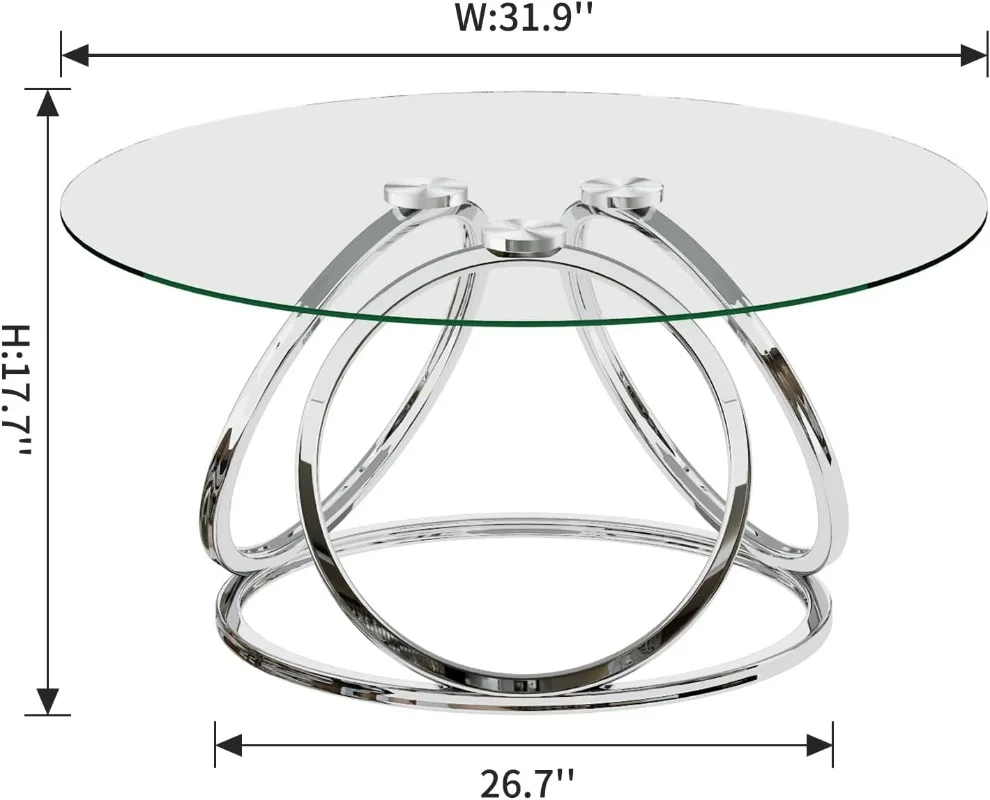 Silver Coffee Table, Modern Glass Coffee Table Living Room Table with Ring-Shaped Frames, Glass Coffee Table for Home&Office