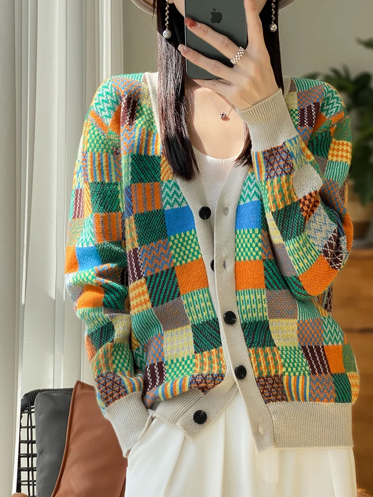 ADDONEE Autumn Winter Women Cashmere Sweater V-neck Plaid Colorful Cardigan 100% Merino Wool Knitwear Korean Popular Clothing