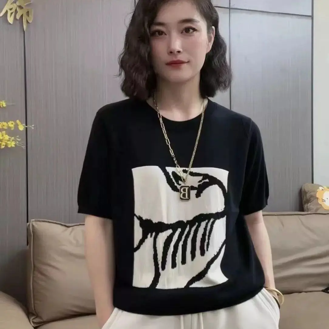 

Oversized Color Blocking Short Sleeves Knitted T-shirt for Women Summer Casual Loose Versatile Sweater Top Trendy Women Clothing