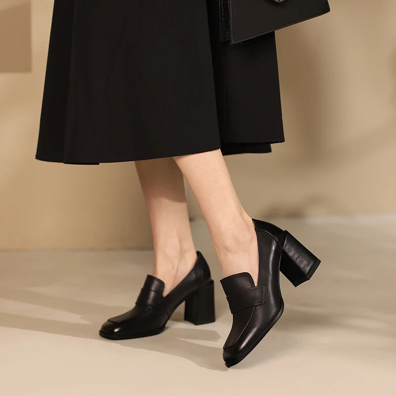 2024 Genuine Leather New Spring Women Shoes Square Toe Chunky Heel High Heel Pumps Ladies Shoes Heels Shoes Woman Black Shoes