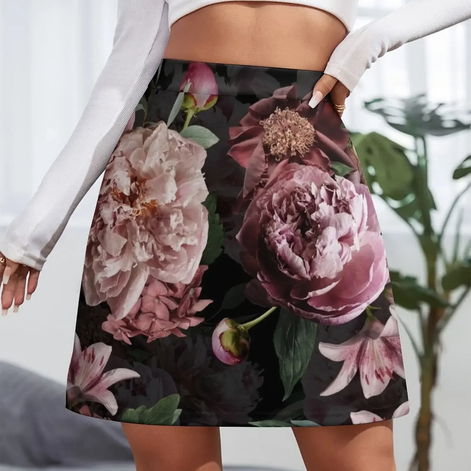 Blush Peonies On Black Real flowers Pattern Mini Skirt Female clothing summer outfits for women 2024