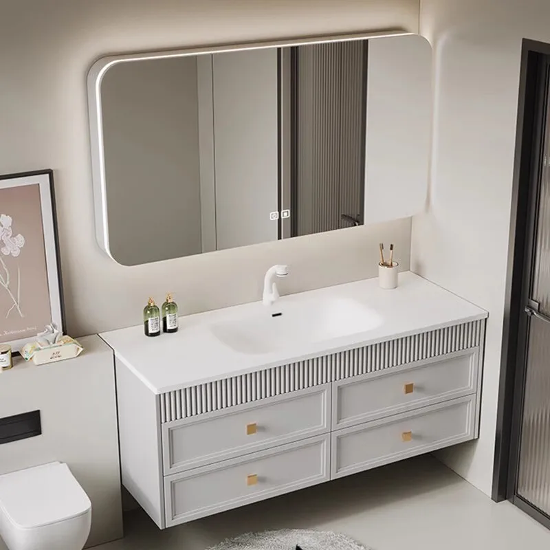 #Integrated Basin Bathroom Cabinet, Light Luxury French Oak Washbasin, Milk Oil Wind Washbasin, Bathroom, Nordic Style