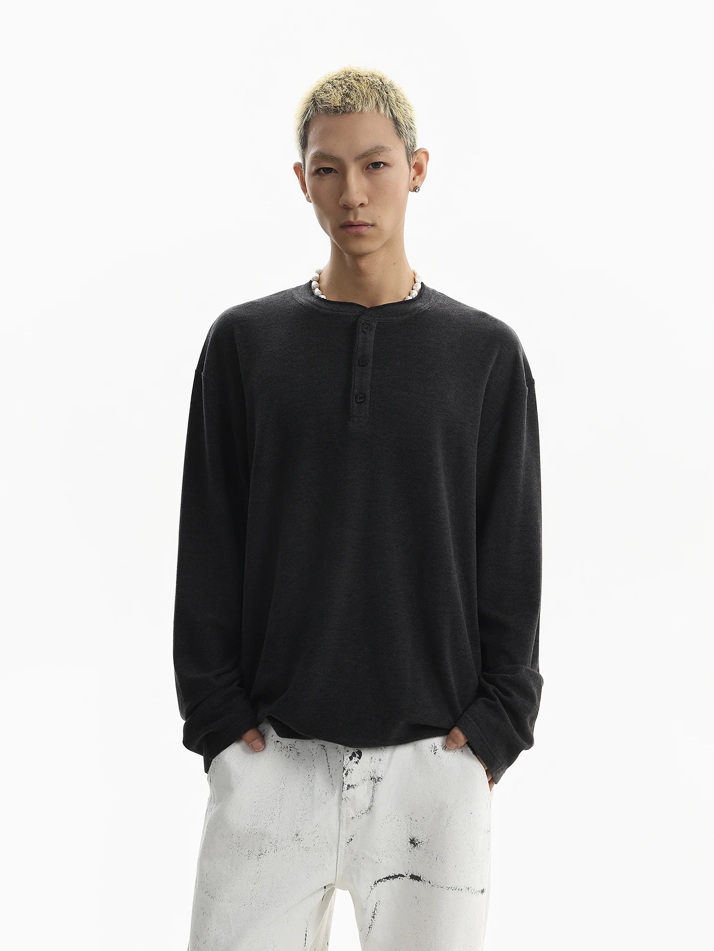 BETEBULE American Retro Texture Long Sleeve T-Shirt Men's Casual Heavyweight Spring New Style Fashionable Henry Collar Top