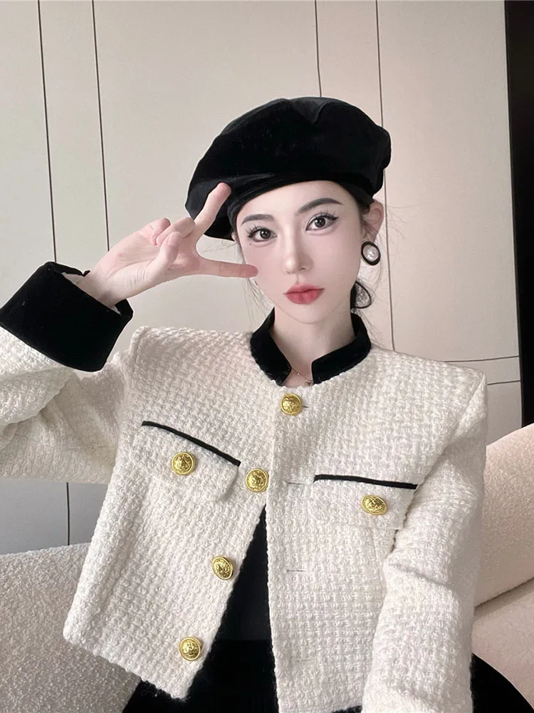 Zoki Christmas Red Sweet Tweed Jackets Women Elegant Long Sleeve Slim Short Coat Korean Casual Vintage All Match Outwear Tops