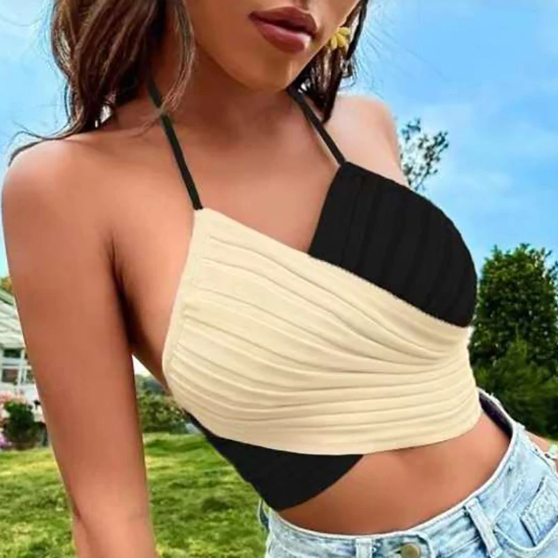 New Summer Knit Short Sleeved Fashionable Charm Women's Suspender Top Color Block Cross Tie Neck Strap Sling