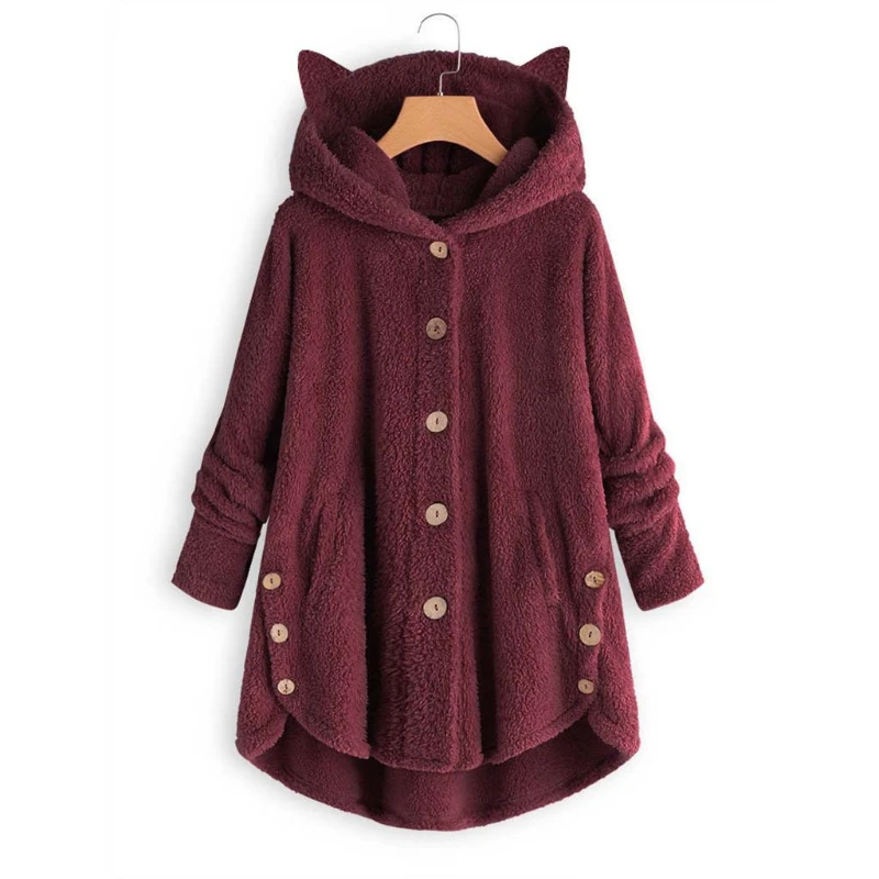 Button Hooded Cat\'s Ears Steamed Cat-ear Shaped Bread Plush Top Irregular Trendy Brand Solid Coat Women