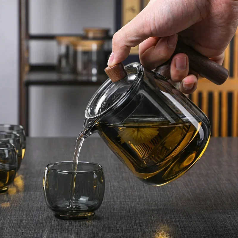 Japanese style glass teapot  High temperature resistance  built-in filter kung fu tea set suit- Clear-Smoke grey thickened glass